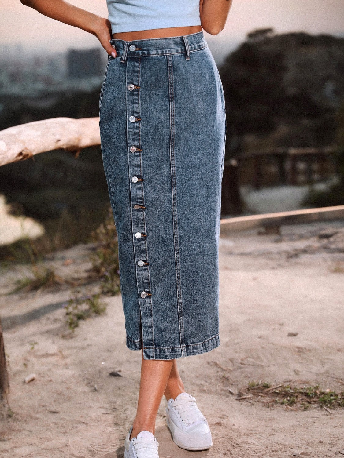 Button Down Denim Skirt - Navy