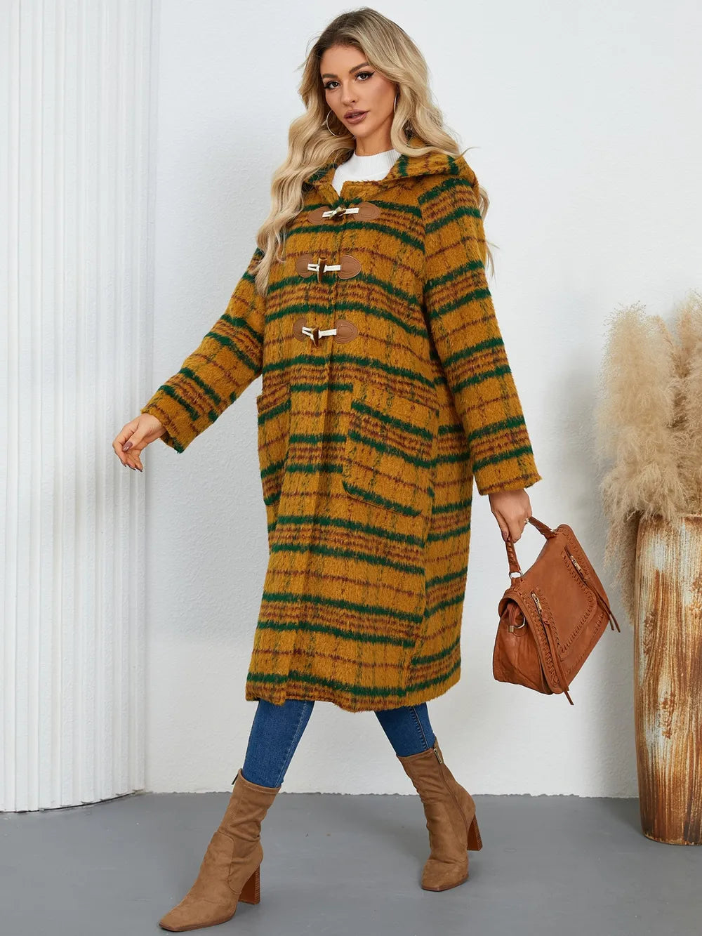Plaid Long Sleeve Hooded Coat - Mustard