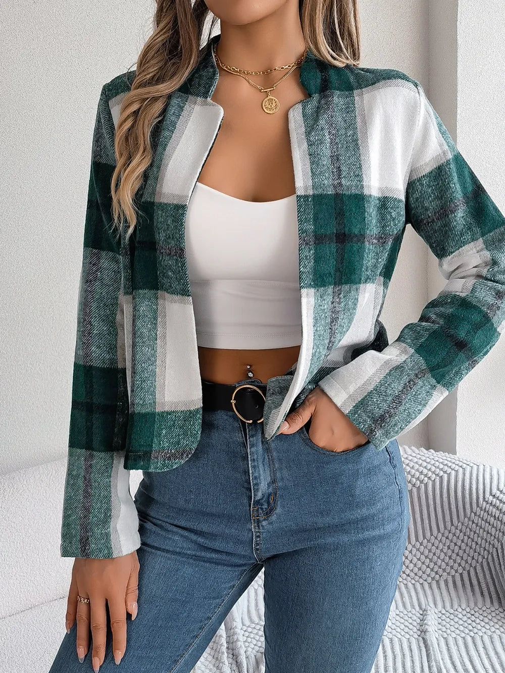 Plaid Open Front Long Sleeve Jacket -