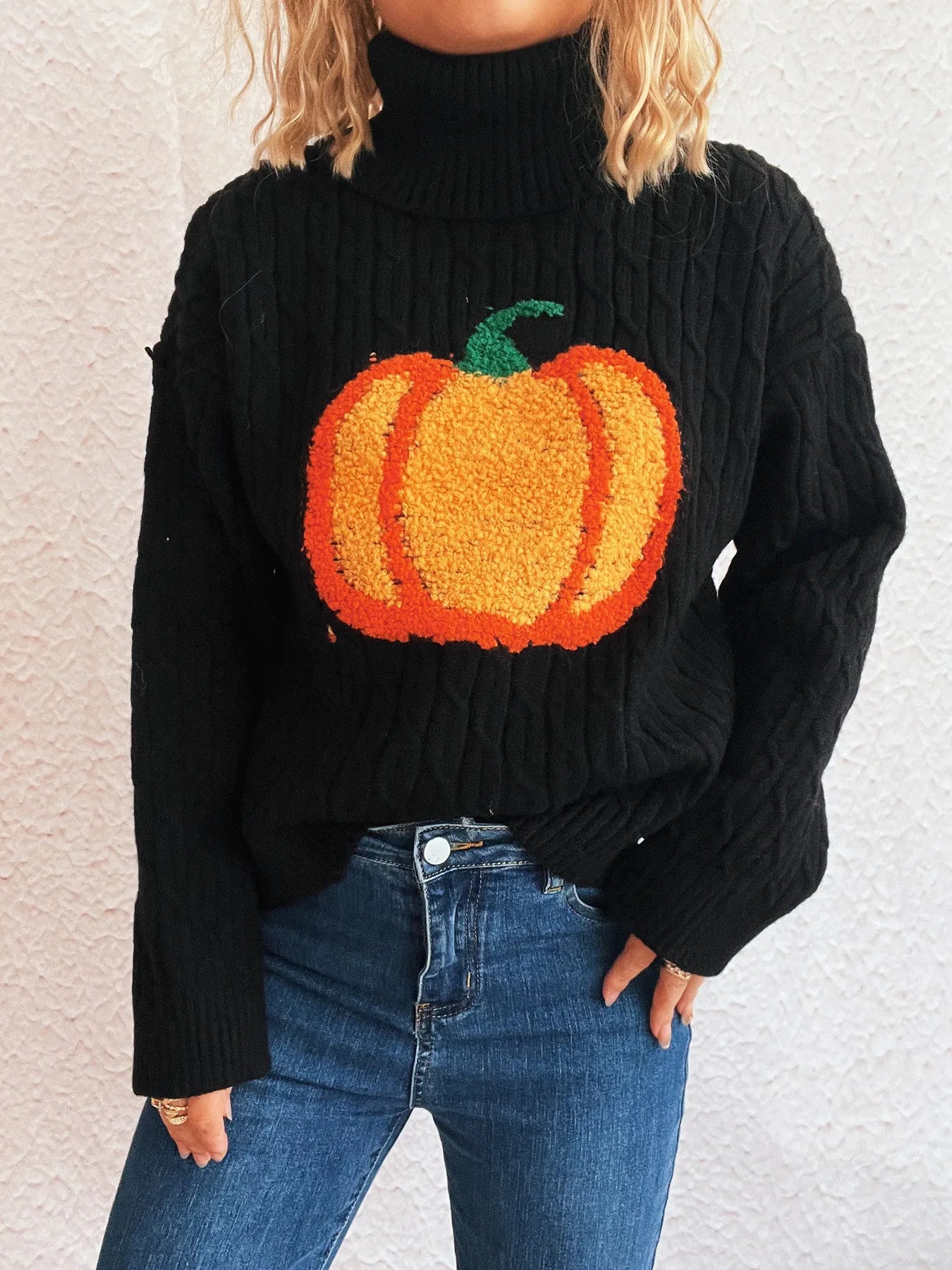 Pumpkin Turtleneck Long Sleeve Sweater - Black One Size