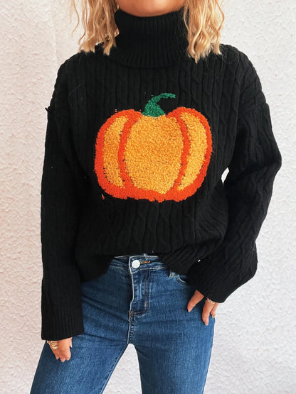 Pumpkin Turtleneck Long Sleeve Sweater - Black One Size