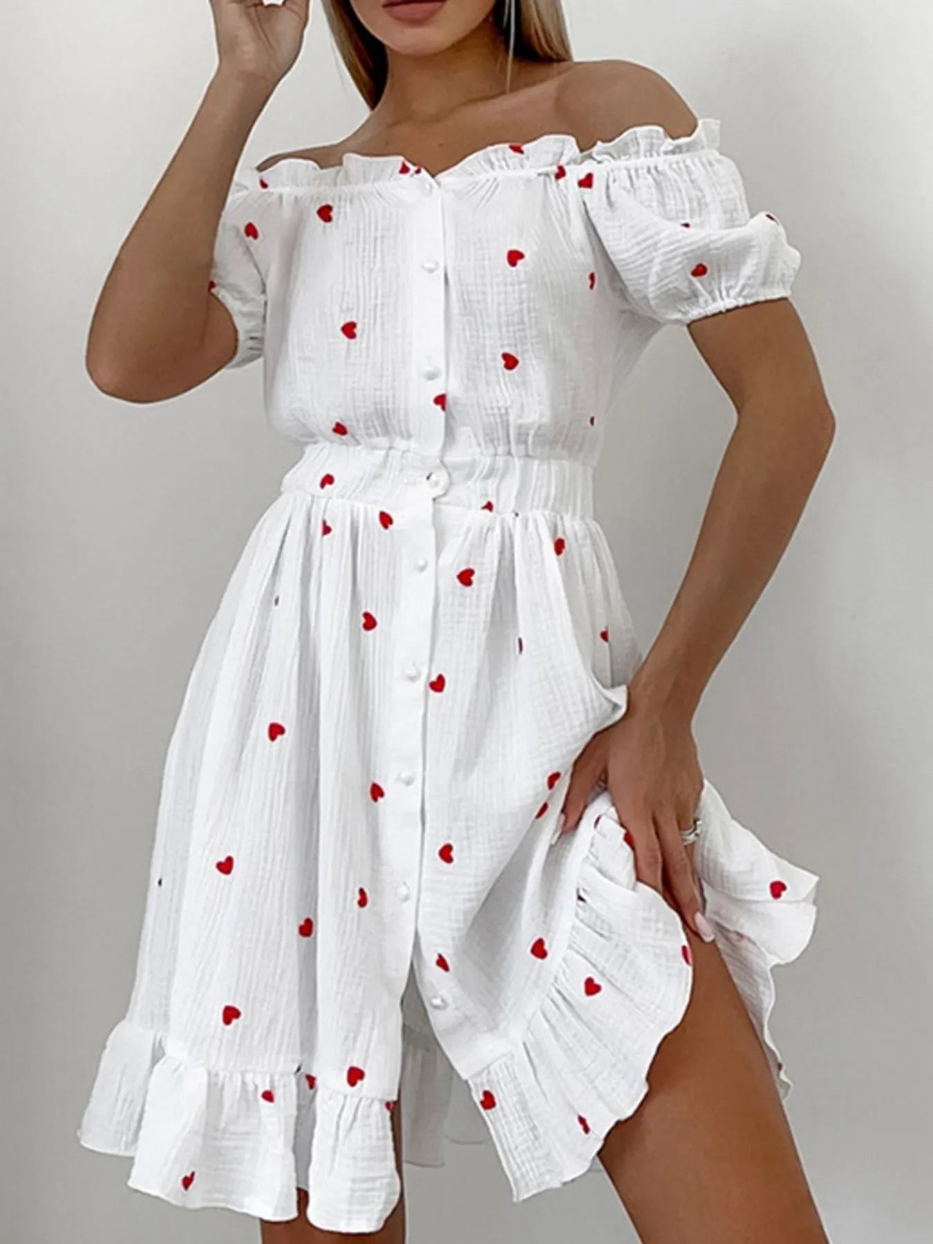 Heart Printed Off-Shoulder Ruffle Mini Dress - White
