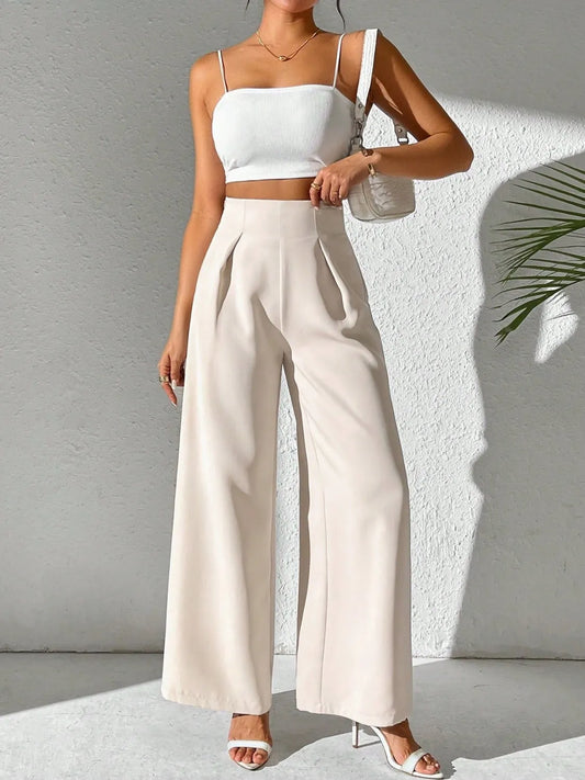 Wide Leg High Waist Pants - Beige