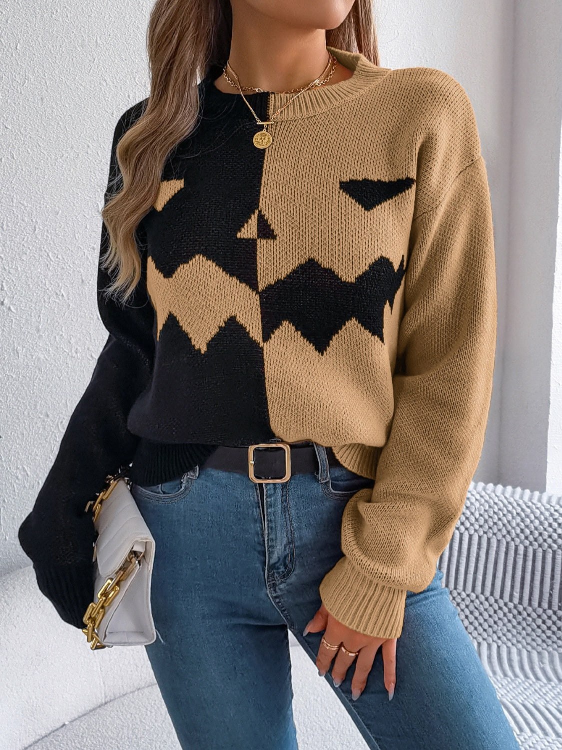 Contrast Round Neck Long Sleeve Sweater