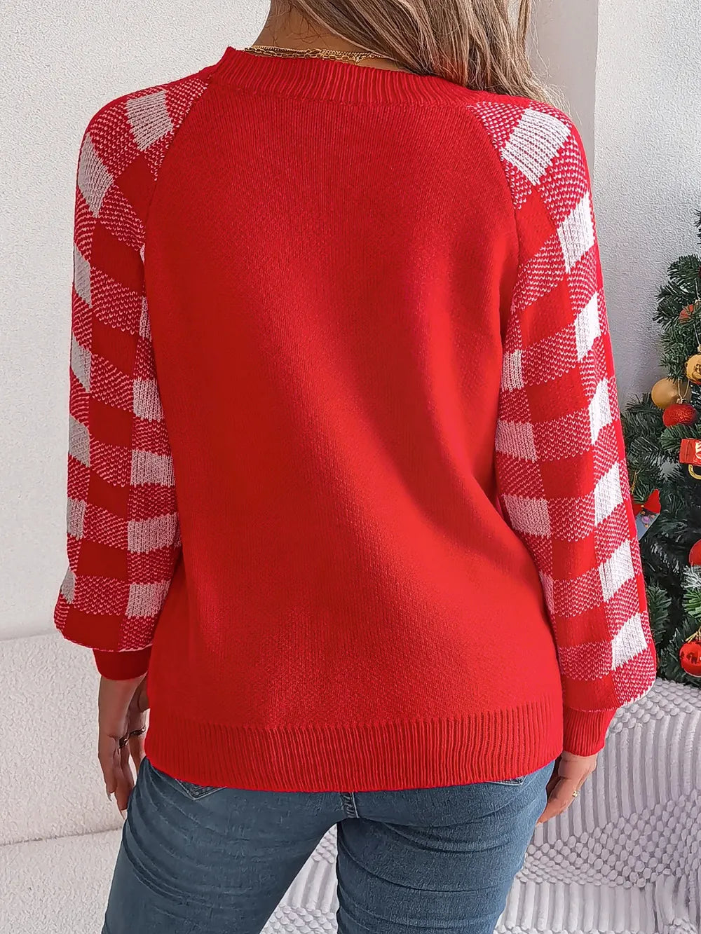 Reindeer Plaid Long Sleeve Sweater - Orange-Red