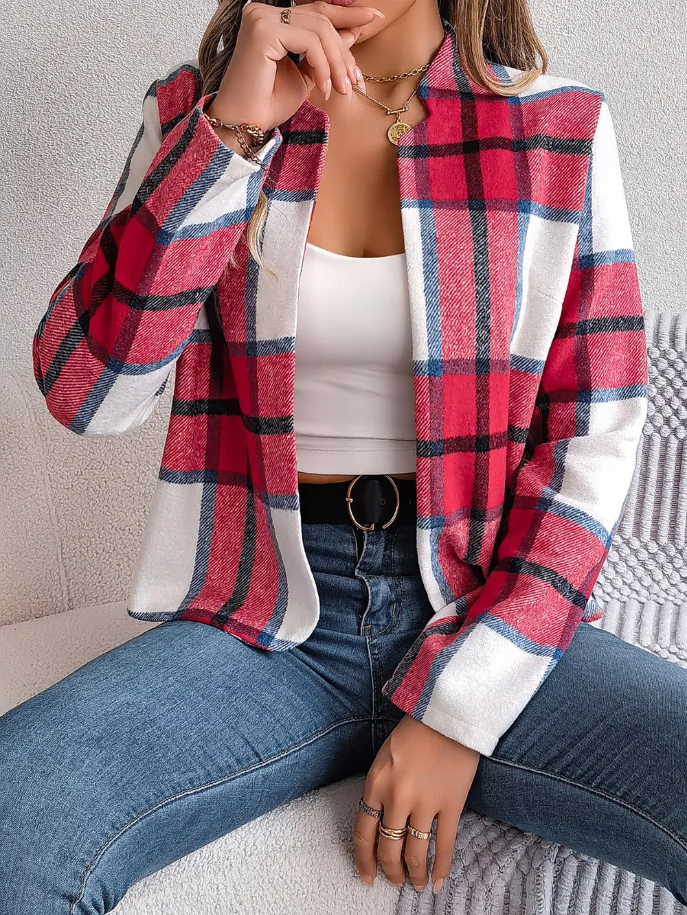 Plaid Open Front Long Sleeve Jacket -