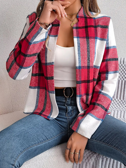 Plaid Open Front Long Sleeve Jacket -
