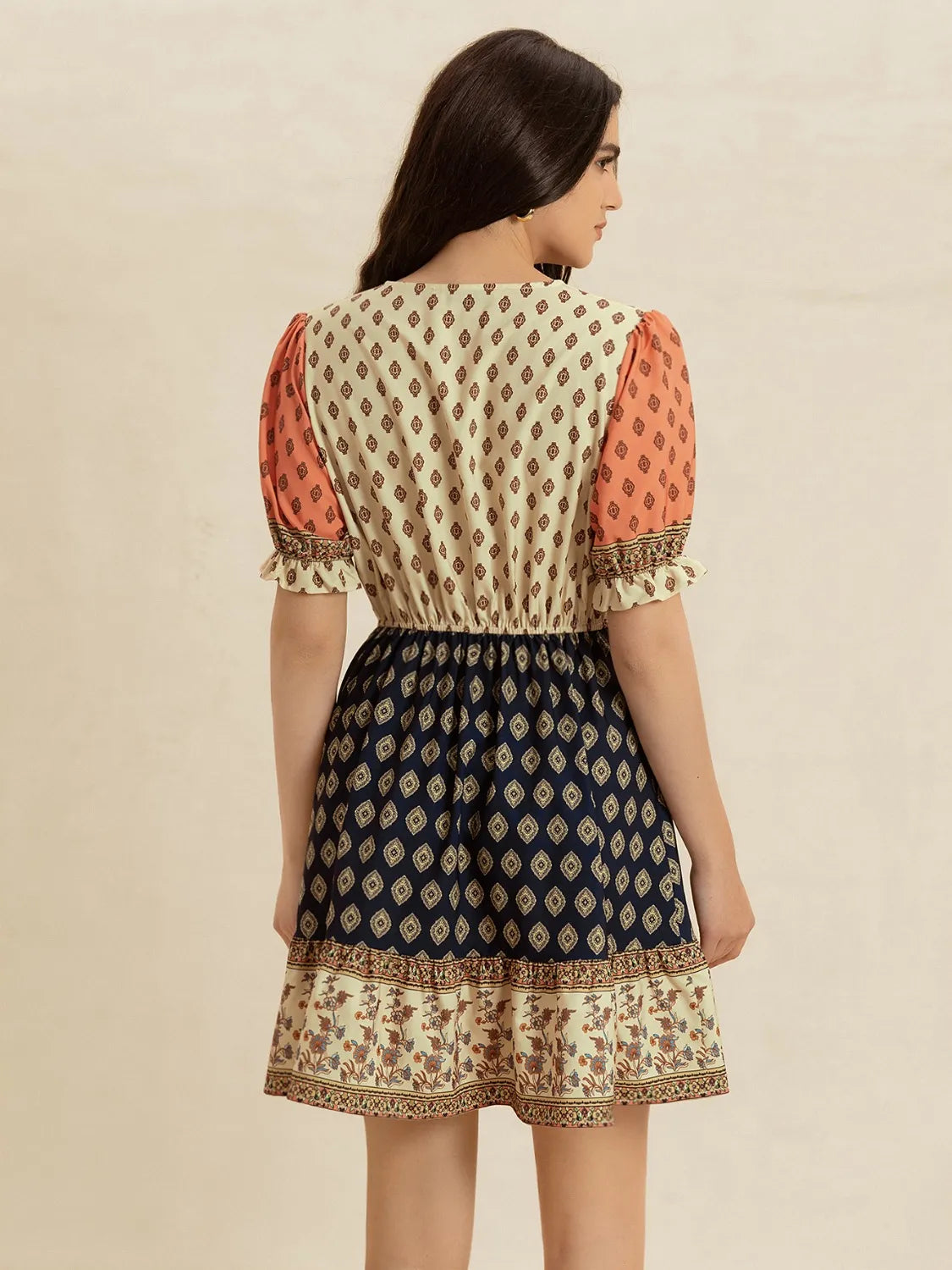 Printed V-Neck Short Sleeve Dress -