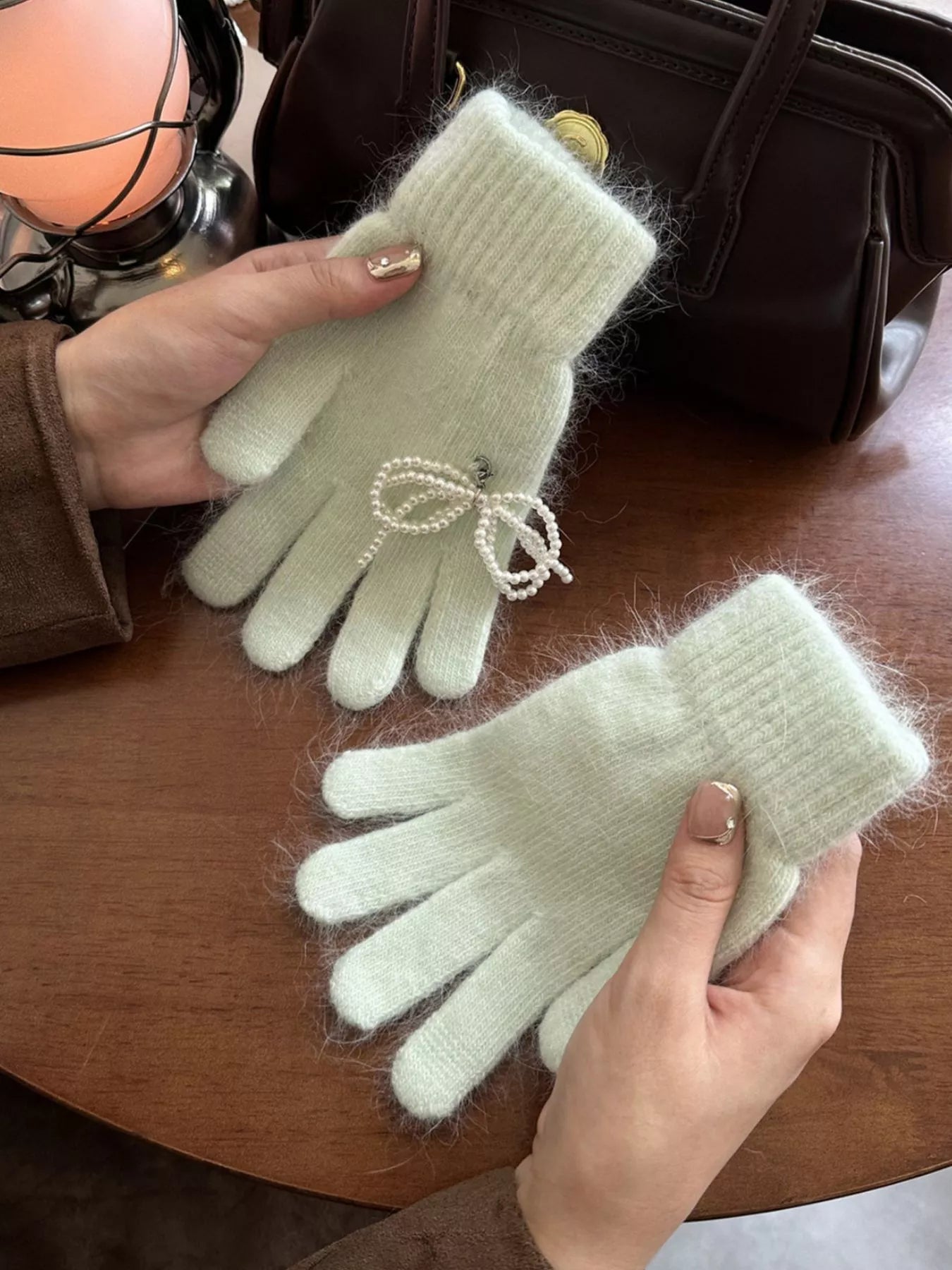 Pearl Embellished Knit Gloves - Light Green One Size