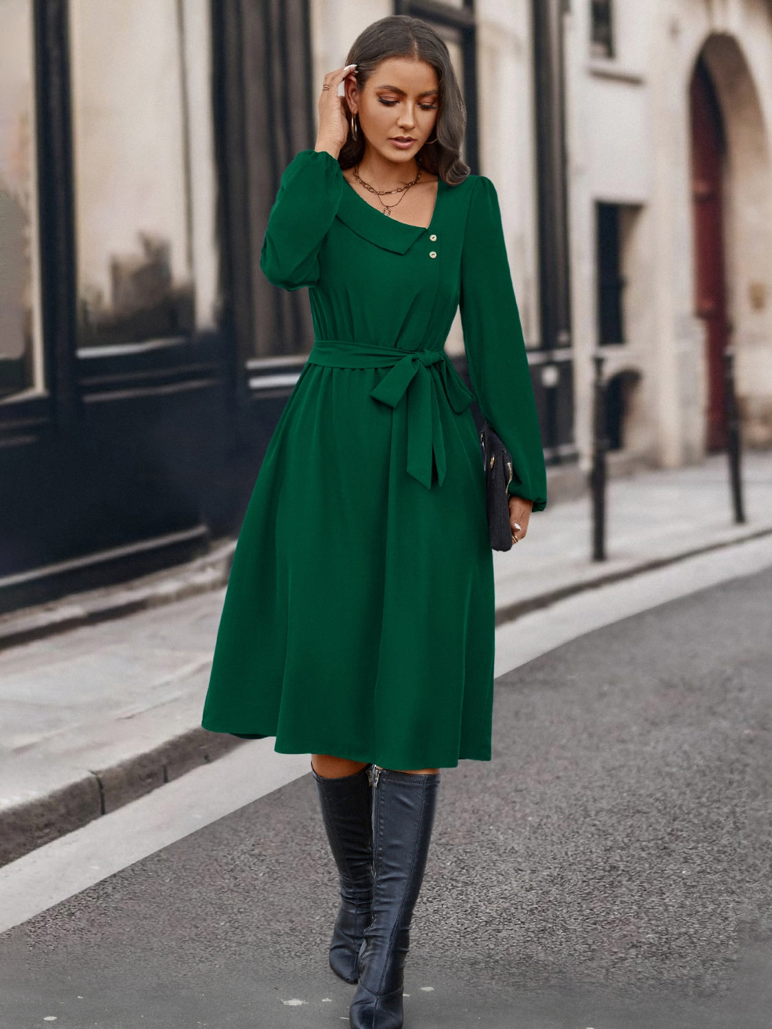 Buttoned Tie Front Asymmetrical Neck Dress - Green