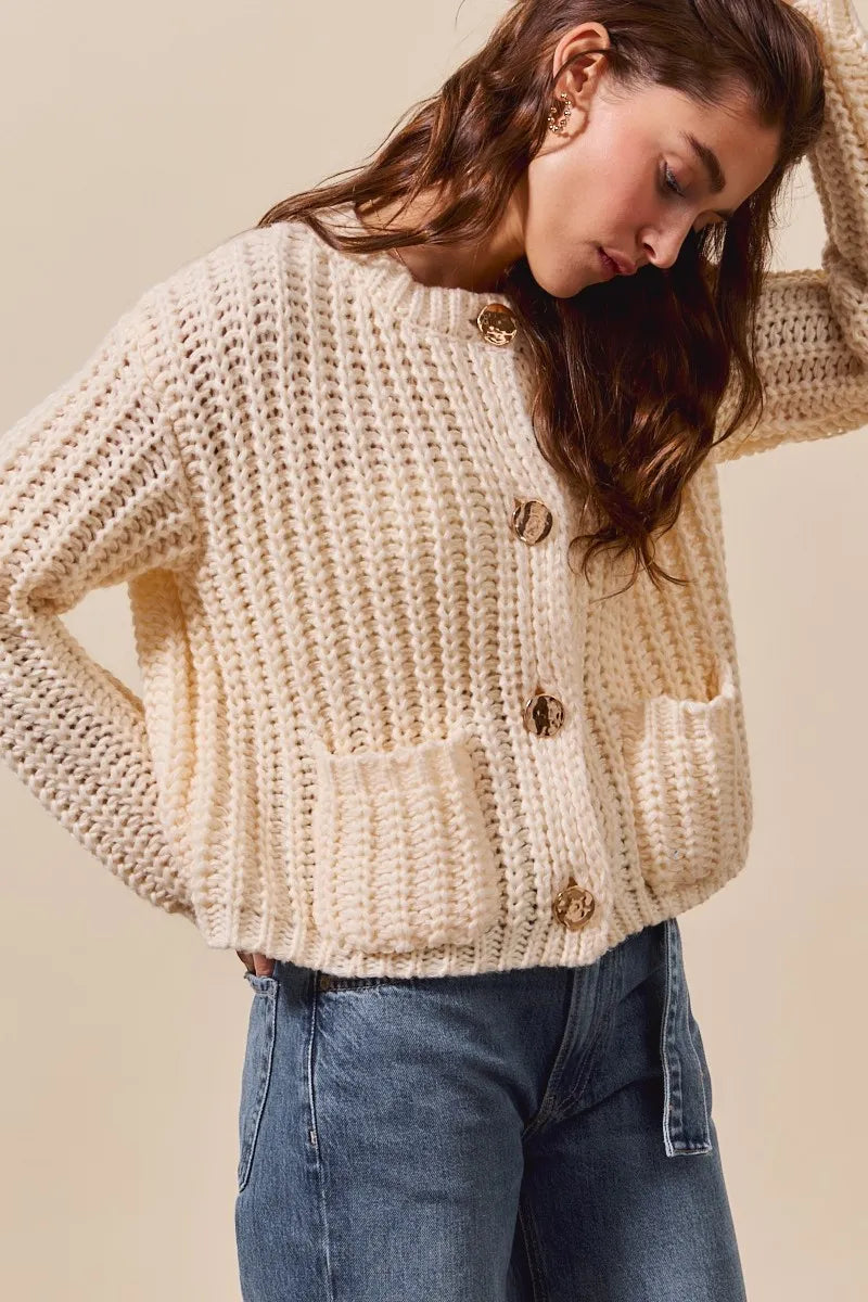 Metal Button Long Sleeve Chunky Sweater Cardigan - Cream