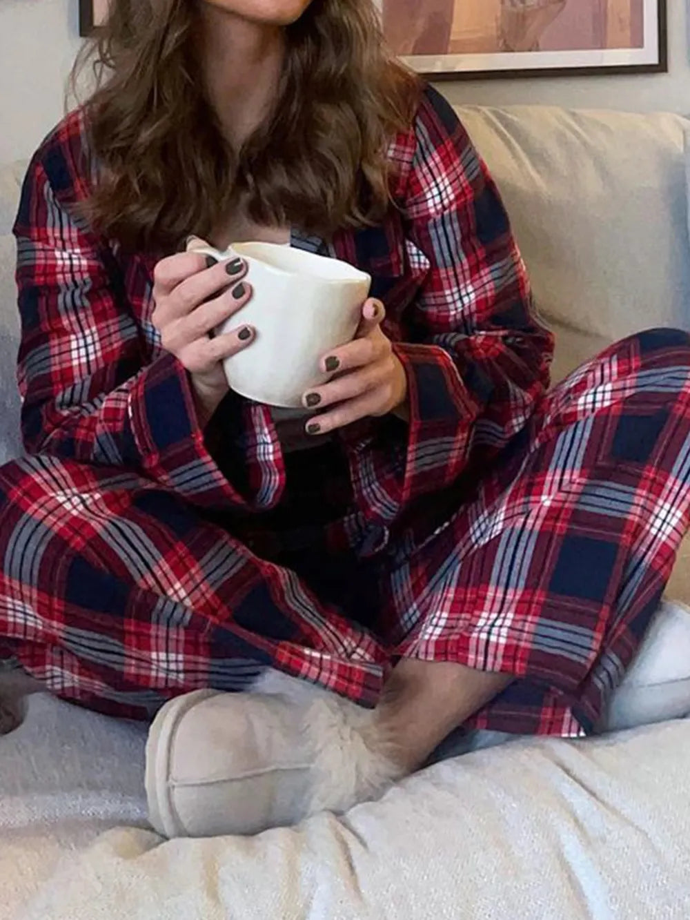 Plaid Collared Neck Button Up Top and Pants Lounge Set -
