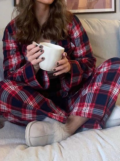 Plaid Collared Neck Button Up Top and Pants Lounge Set -