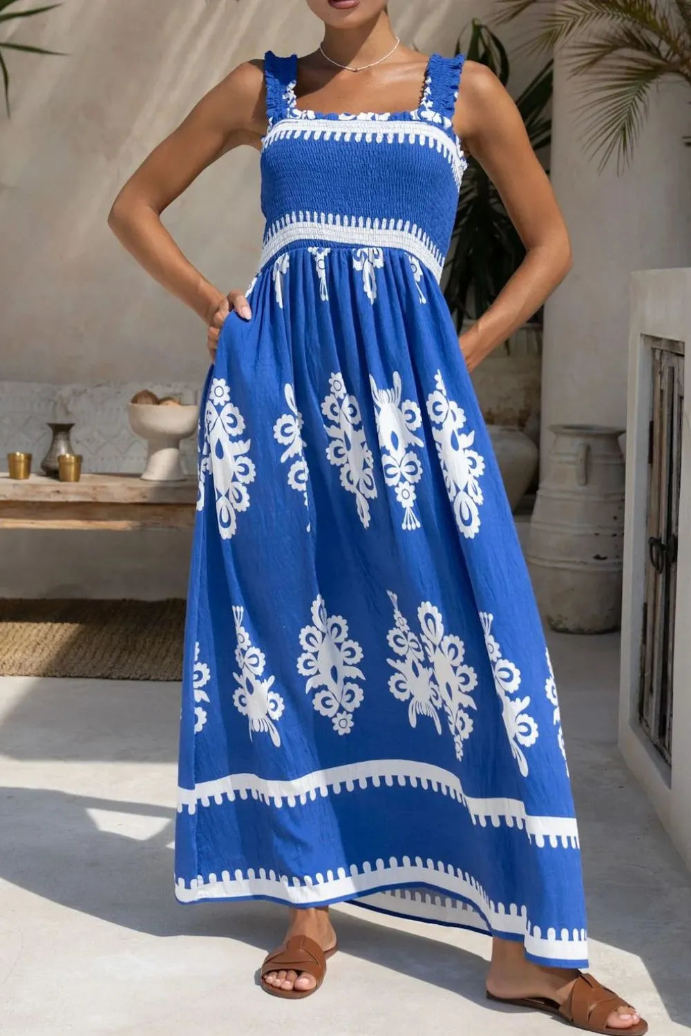 Printed Square Neck Cami Dress - Blue