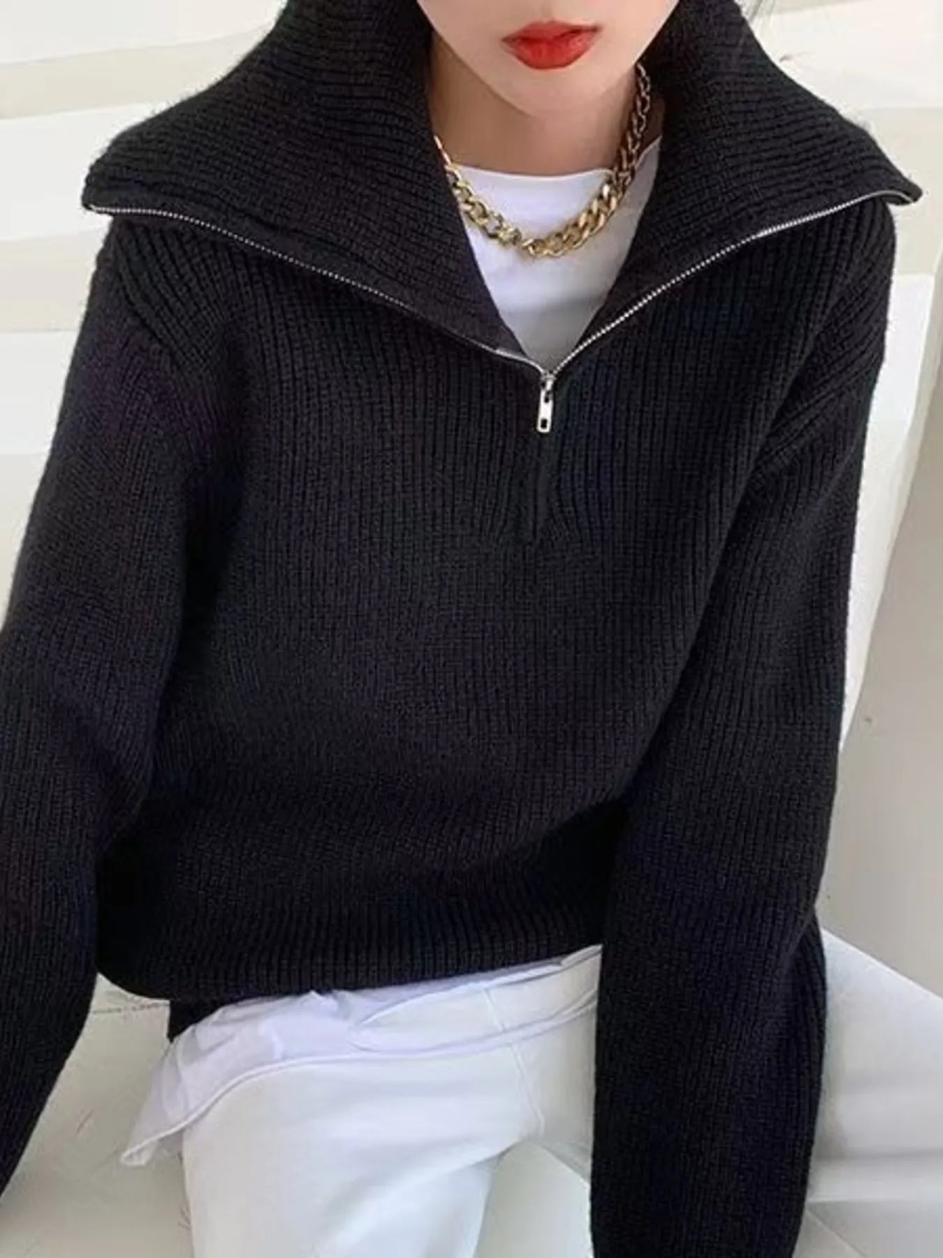 Half-Zip Long Sleeve Sweater - Black