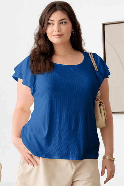 Plus Size Short Fluttery Sleeve Round Neck Top - Royal Blue