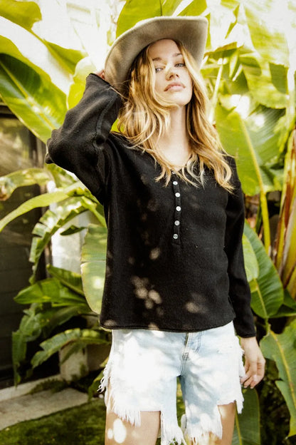 V-Neck Sweater Top - Black