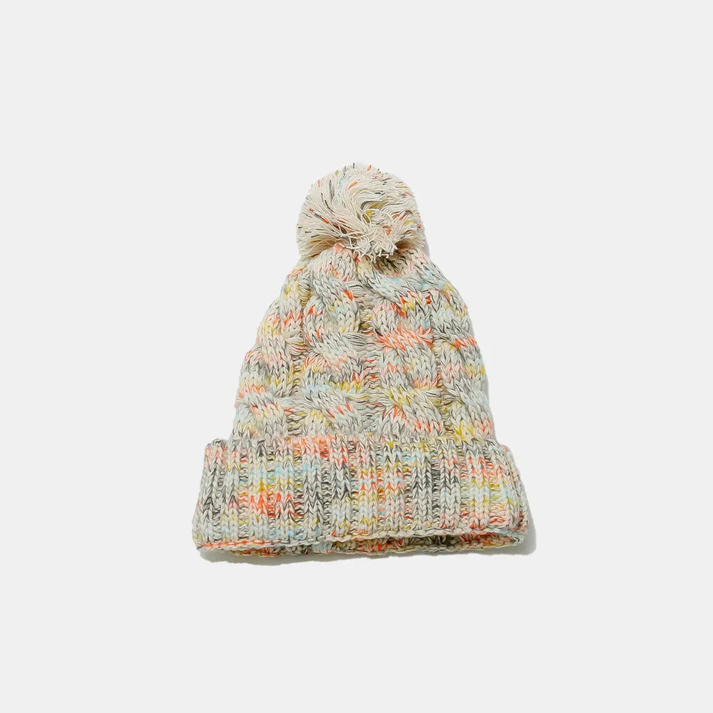 Contrast Cable-Knit Hat with Pompom - Beige One Size