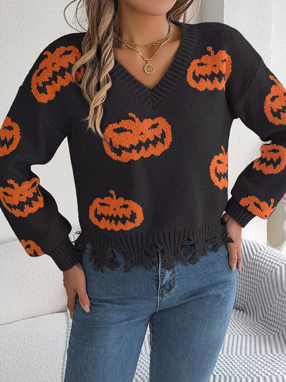 Pumpkin Pattern Raw Hem V-Neck Sweater - Black