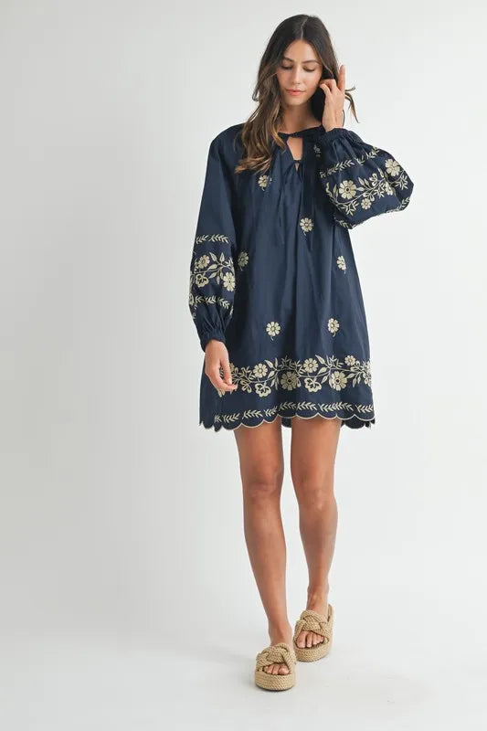 Embroidered Long Sleeve Peasant Mini Dress -