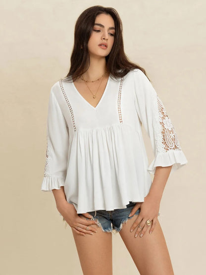 V-Neck Lace Flounce Sleeve Top - White