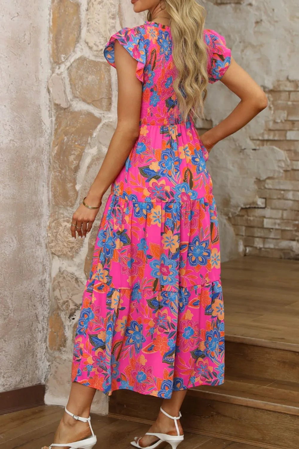 Boho Floral V-Neck Ruffle Tiered Dress -