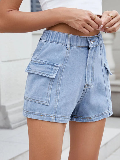 High Waist Cargo Denim Shorts -