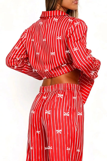 Bow Print Top and Wide Leg Pants Lounge Set -
