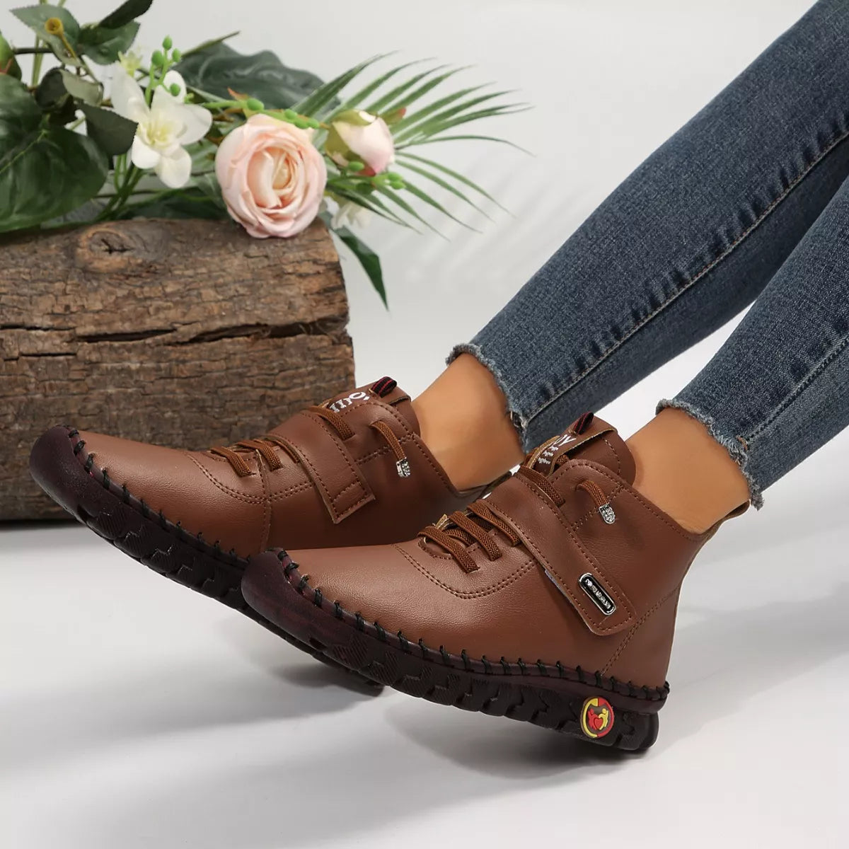 Lace Up Platform Ankle Boots - Brown