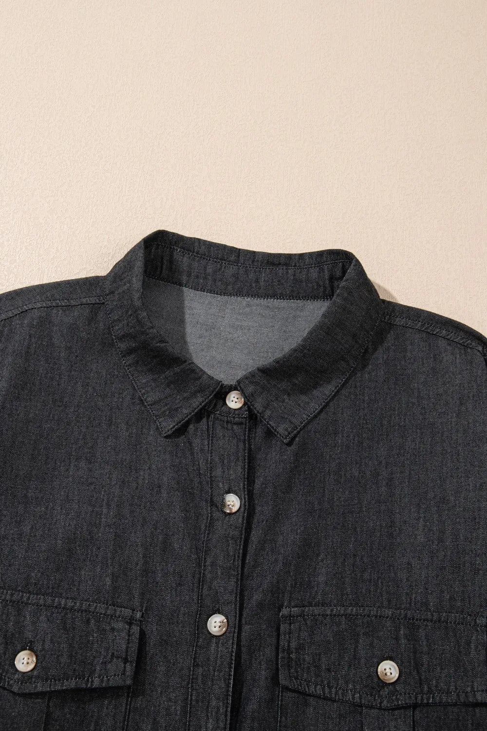Collared Neck Long Sleeve Denim Top -