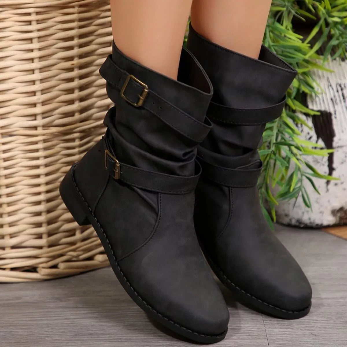 Buckled Low Heel Boots - Black