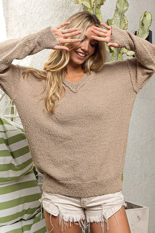 Raw Edged Popcorn Texture V-neck Sweater - Latte