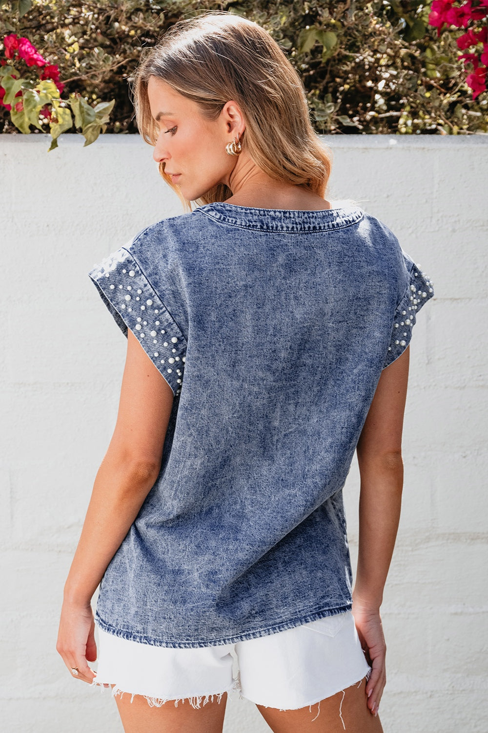 Pearl Trim Round Neck Cap Sleeve Denim Top