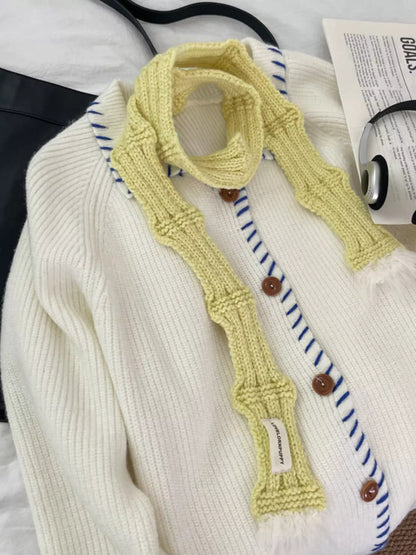 Knitted Plush Trim Scarf - Yellow One Size