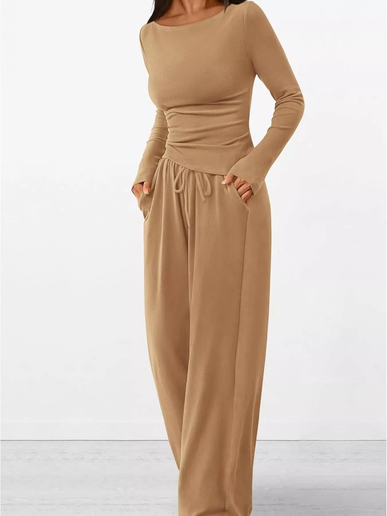 Long Sleeve Top and Wide Leg Pants Set -