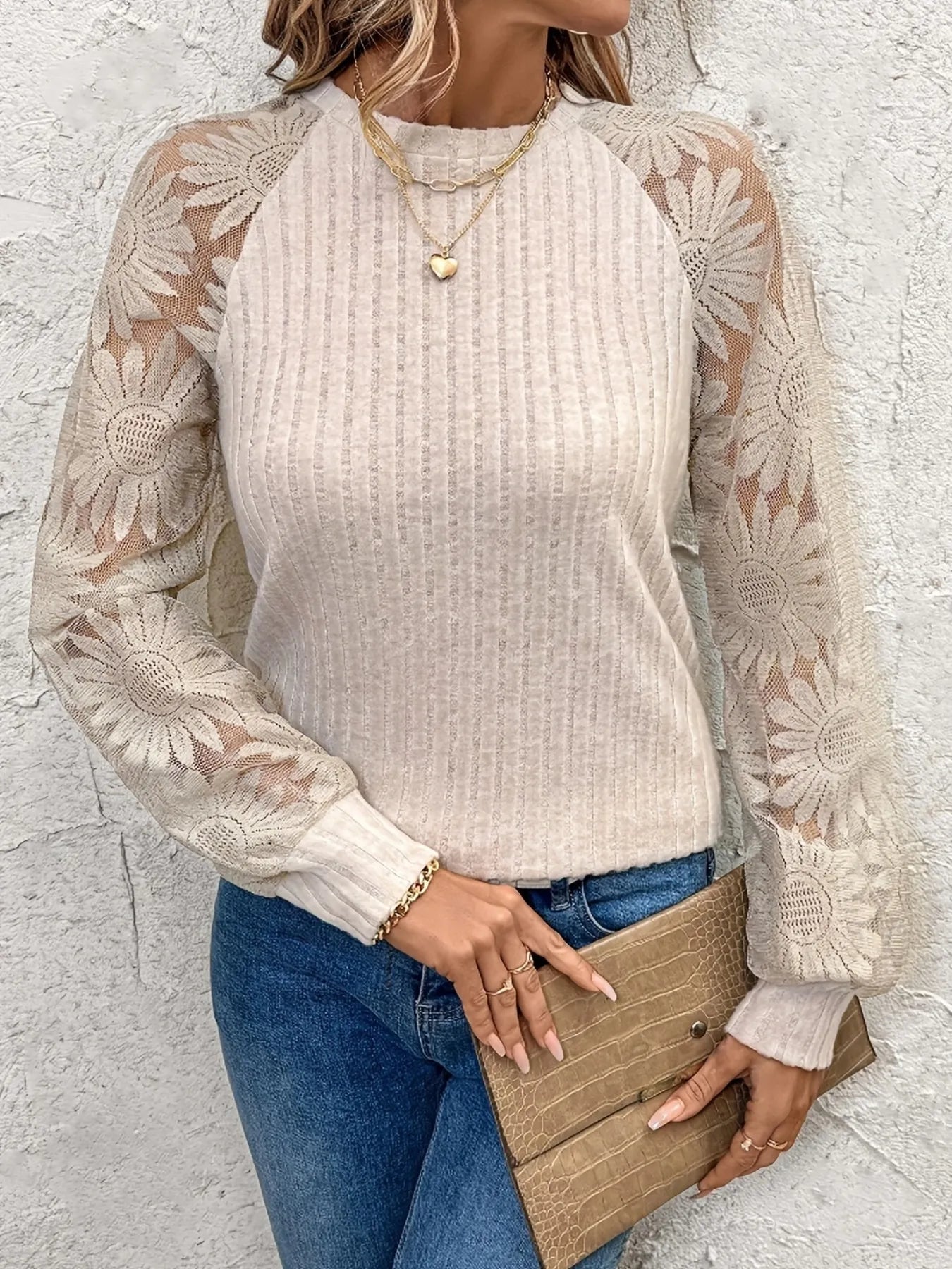 Ribbed Sheer Lace Sleeve Top -