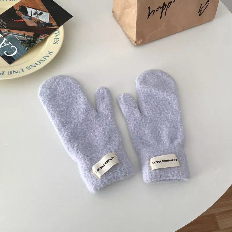 Warm Plush Knitted Mitten Gloves - Purple One Size