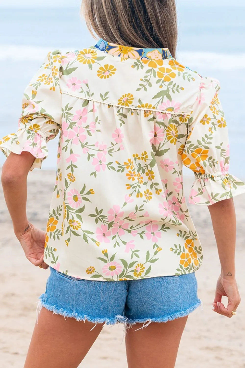 Crochet V-Neck Boho Floral Blouse -