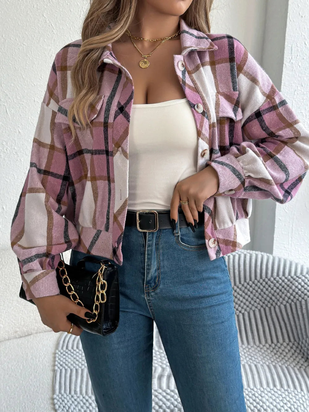 Plaid Button Up Long Sleeve Jacket - Dusty Pink