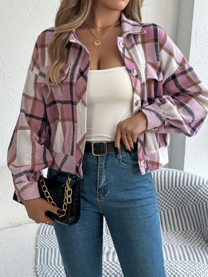 Plaid Button Up Long Sleeve Jacket - Dusty Pink