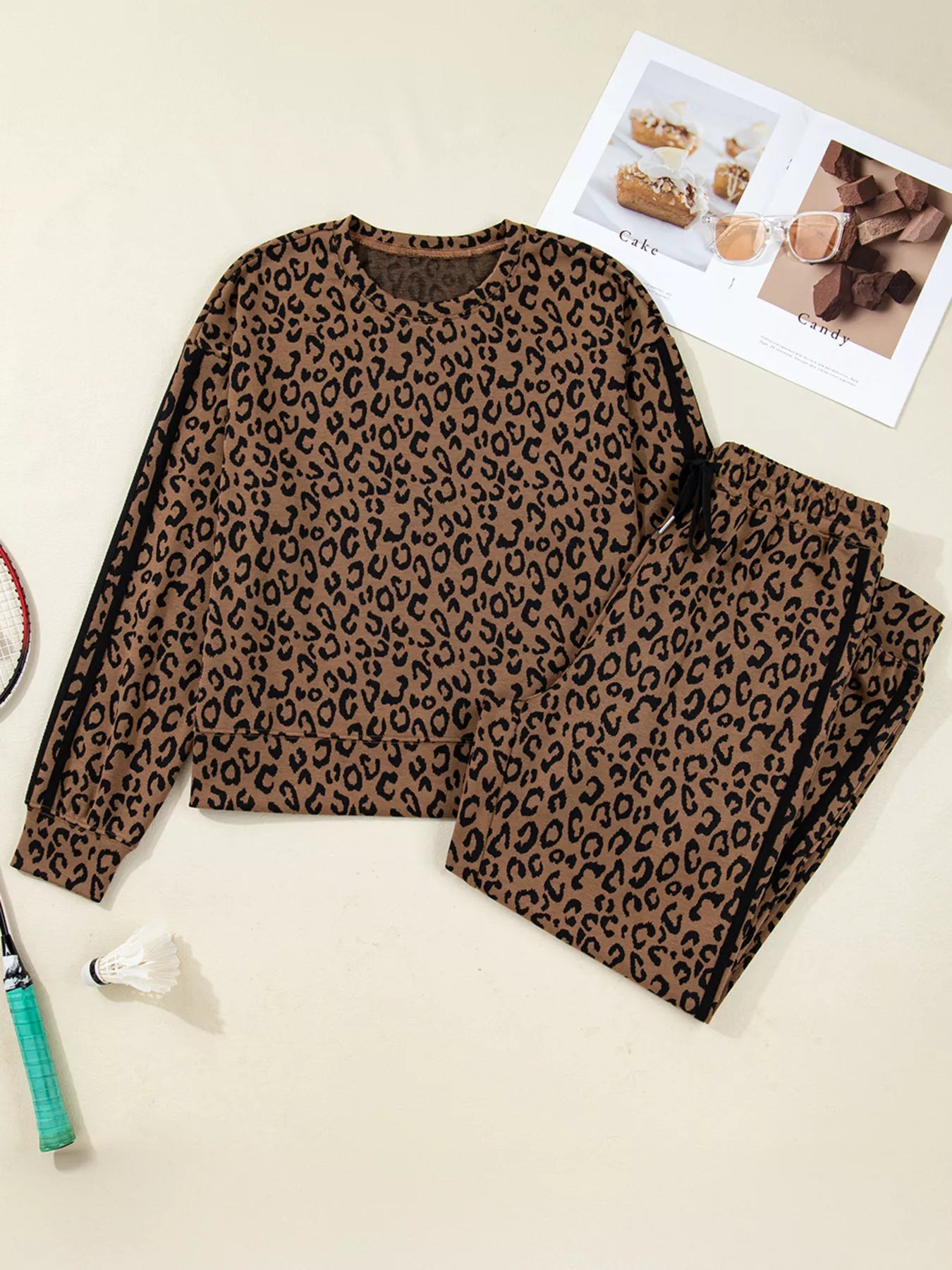 Striped Trim Leopard Long Sleeve Top Drawstring Pant Set -