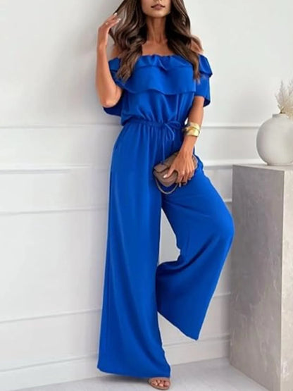 Off-Shoulder Ruffled Wide Leg Jumpsuit - Blue