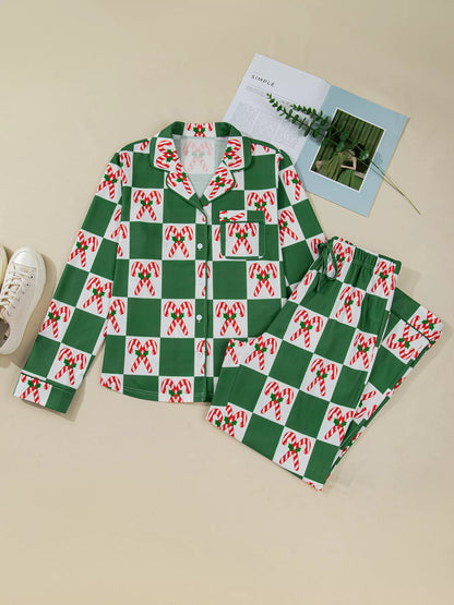 Candy Cane Checkered Pattern Pajama Set -