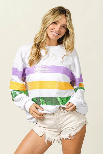 Sequin Mardi Gras Striped Round Neck Sweatshirt -
