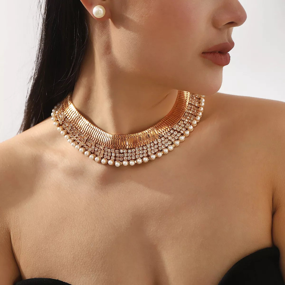 Pearl Earrings and Necklace Jewelry Set - Gold One Size