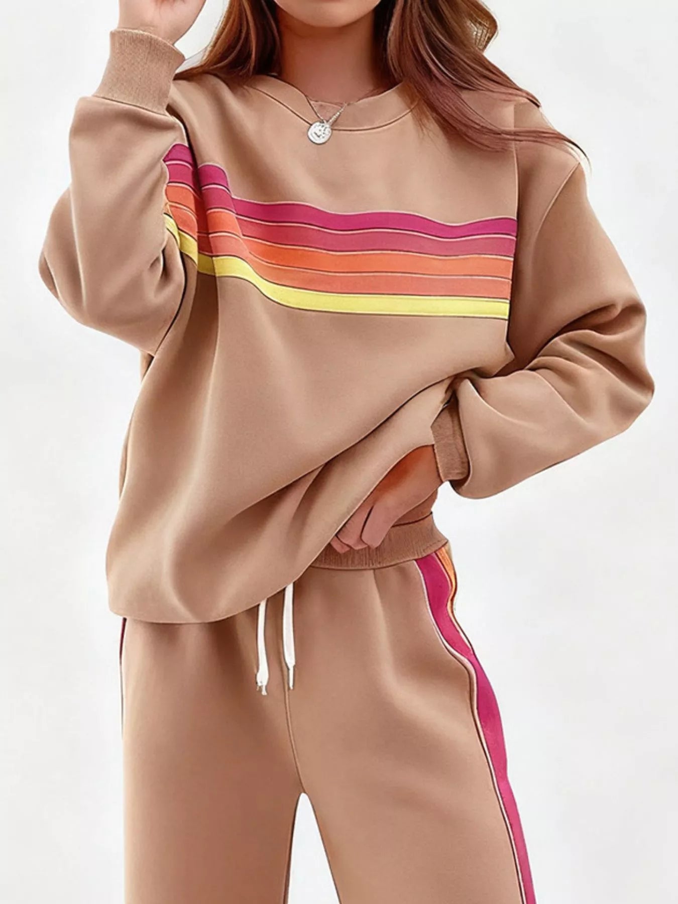 Striped Round Neck Sweatshirt and Pants Set -