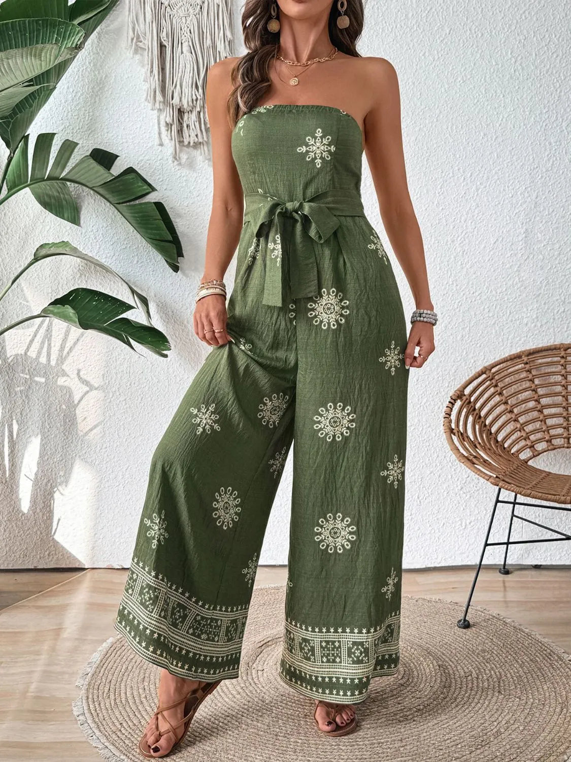 Printed Wide Leg Tube Jumpsuit -