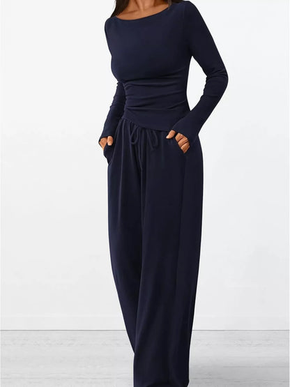 Long Sleeve Top and Wide Leg Pants Set -
