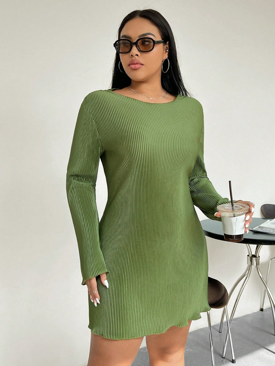 Plus Size Lettuce Hem Round Neck Long Sleeve Dress - Matcha Green