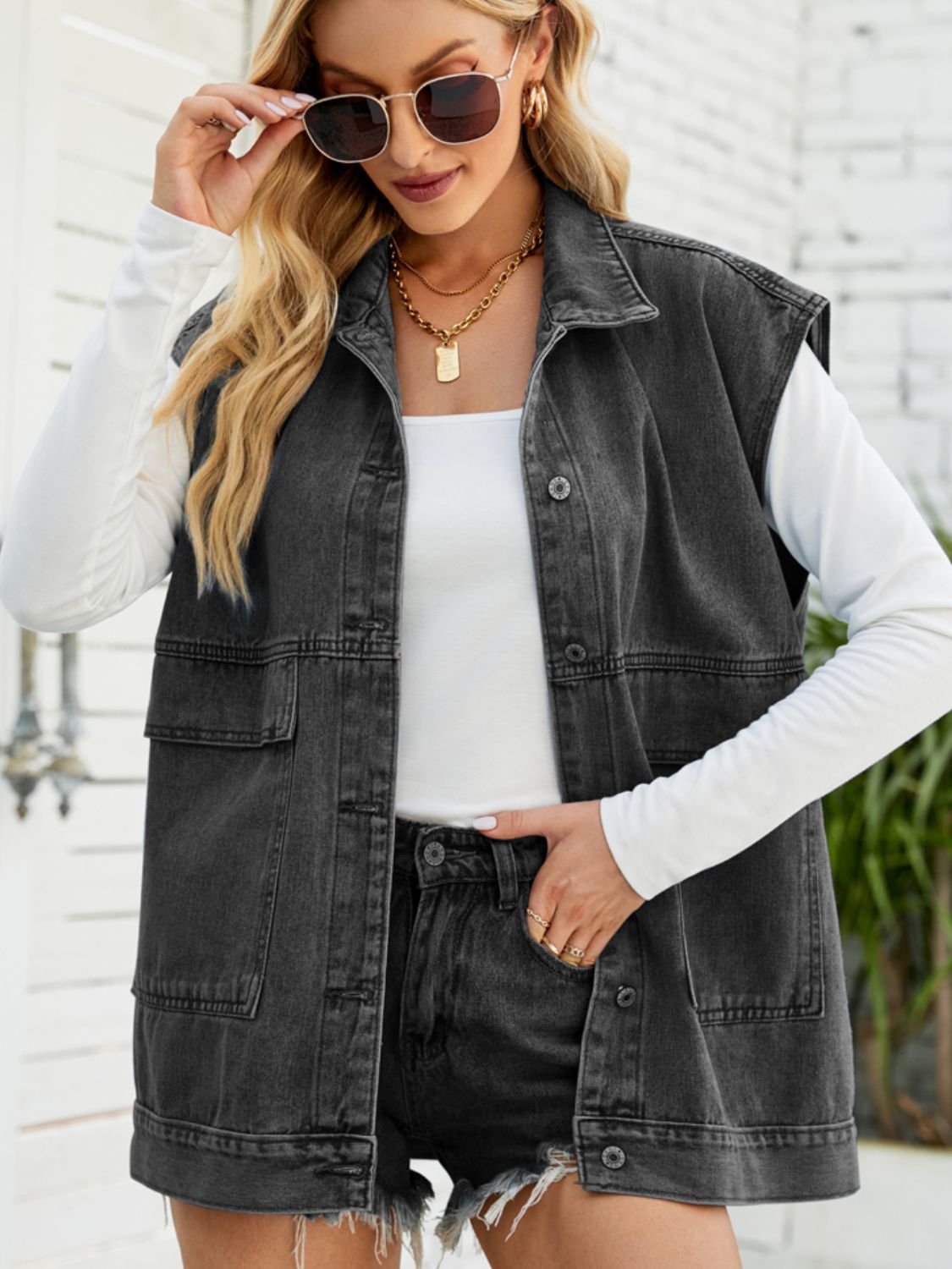 Collared Neck Sleeveless Denim Top -